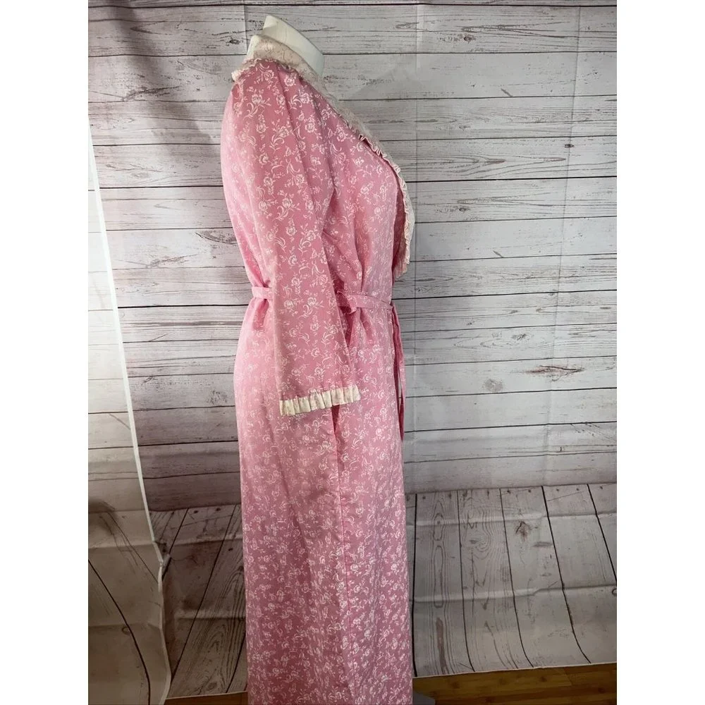 Vintage Leisure Life Long Pink white floral Robe Slash Pockets Dressing Gown USA - Picture 3 of 11